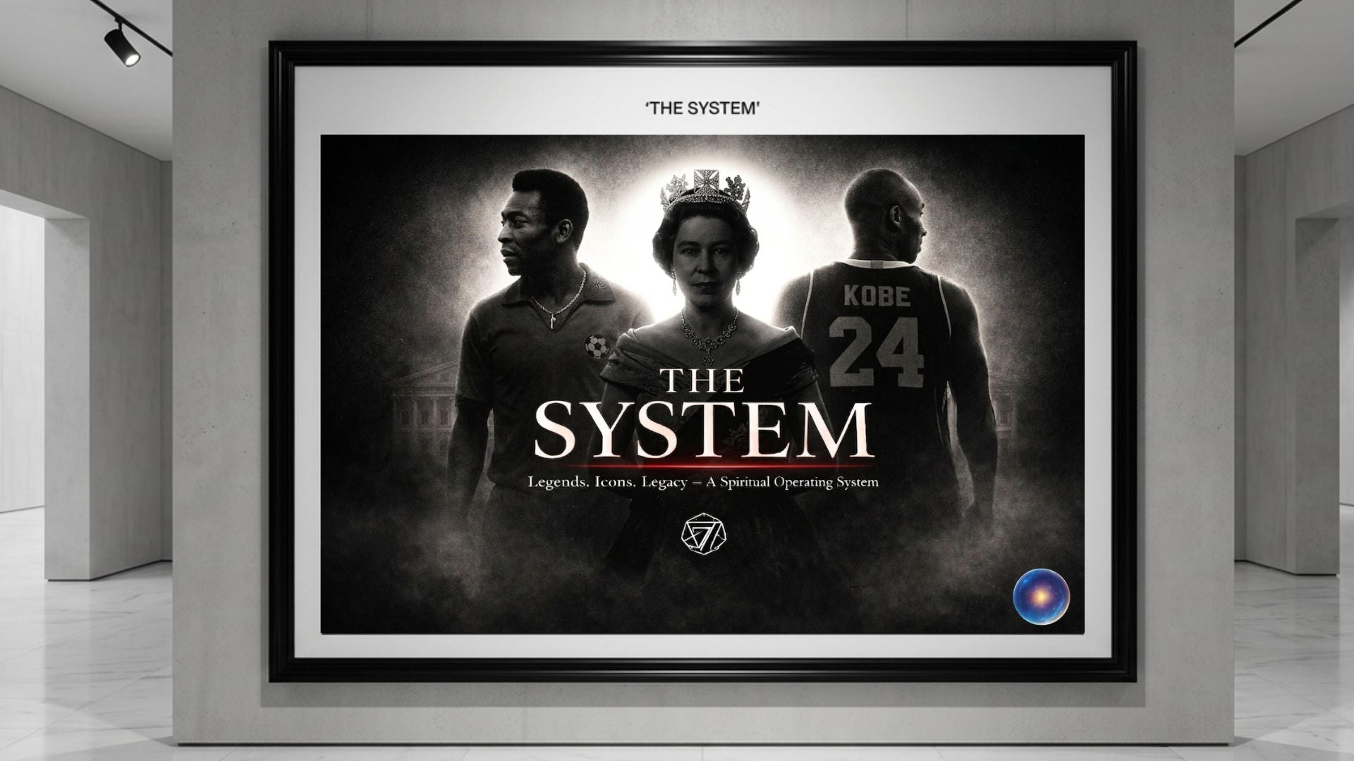 Framed ART with three ICONS: PELE, QUEEN AND KOBE and text 'The System' in a modern interior setting