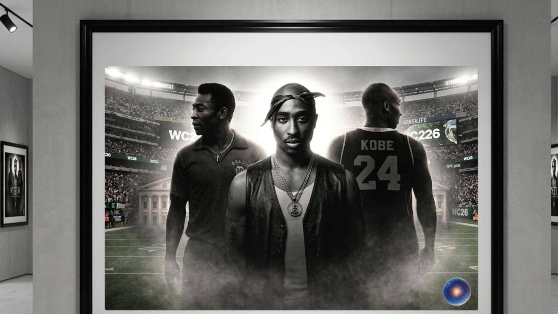 Framed ART of three LEGENDS, KOBE, 2PAC AND PELE in a sports arena with a focus on one wearing a number 24 jersey.