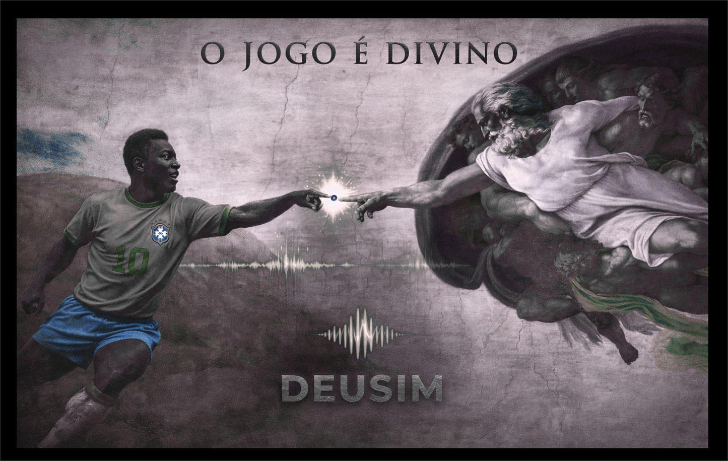 Soccer player reaching towards classical sculpture with 'O Jogo é Divino' text