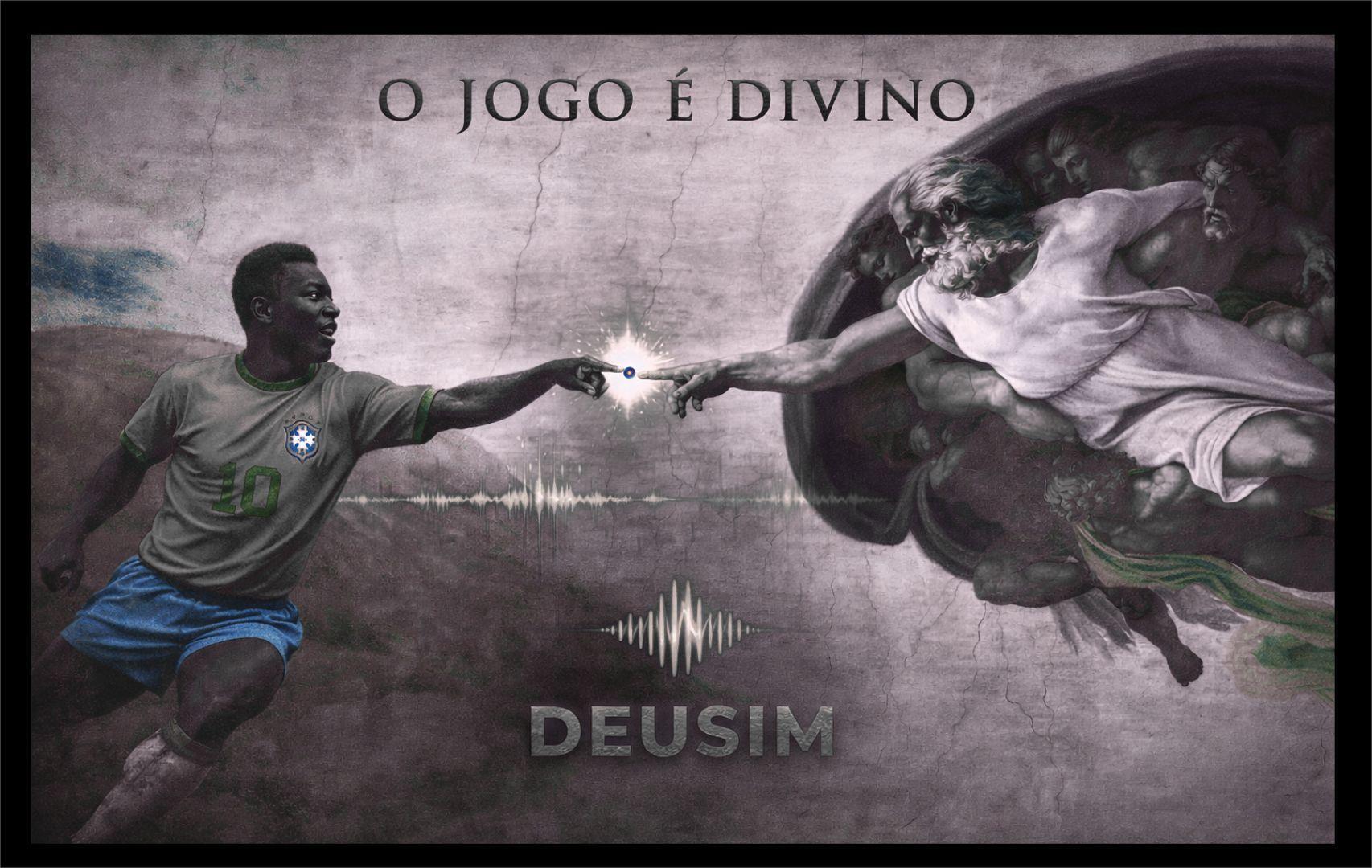 Soccer player reaching towards classical sculpture with 'O Jogo é Divino' text