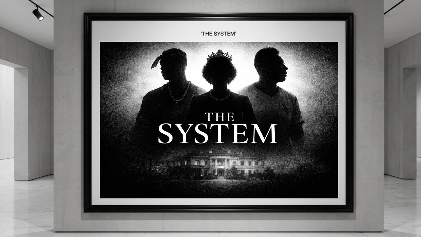 Framed ART of 'The System' with three LEGENDS and a building in the background, displayed in a modern interior setting.