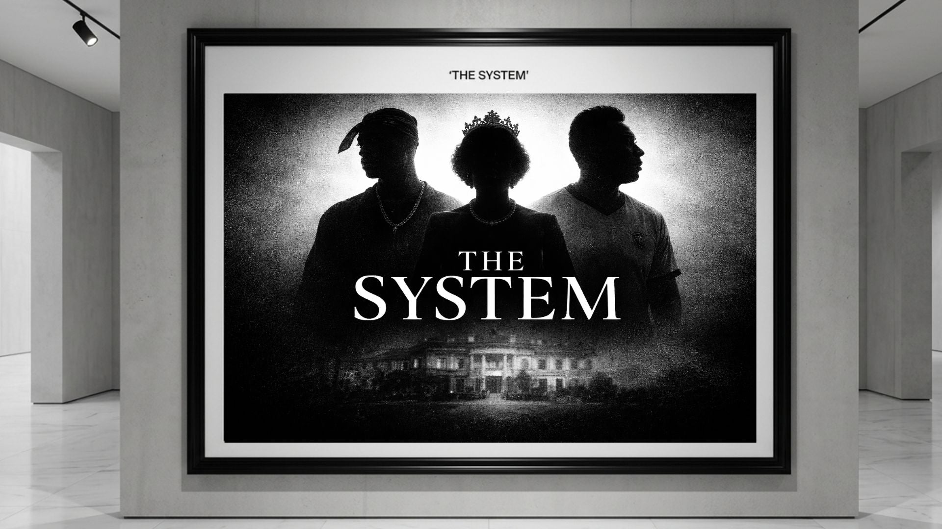 Framed ART of 'The System' with three LEGENDS and a building in the background, displayed in a modern interior setting.