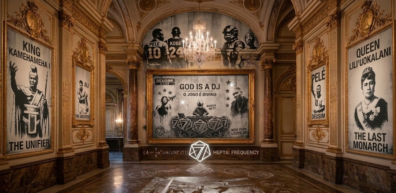 Decorative hallway with framed posters of historical figures and a central artwork.