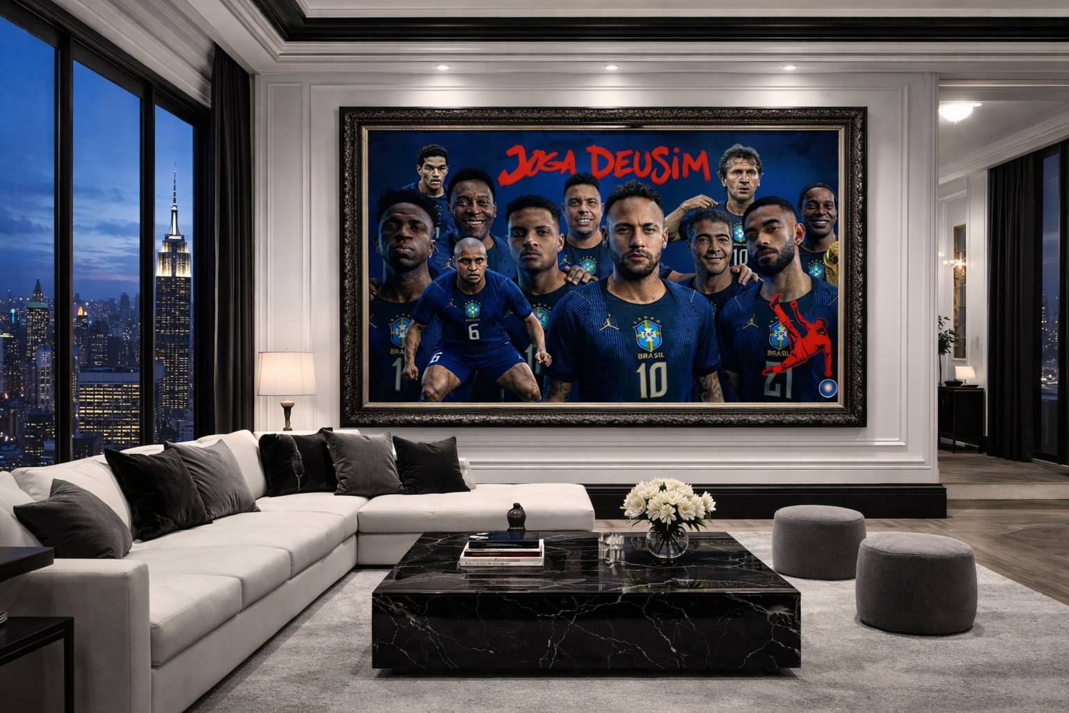 Living room with a large framed poster of soccer players on the wall