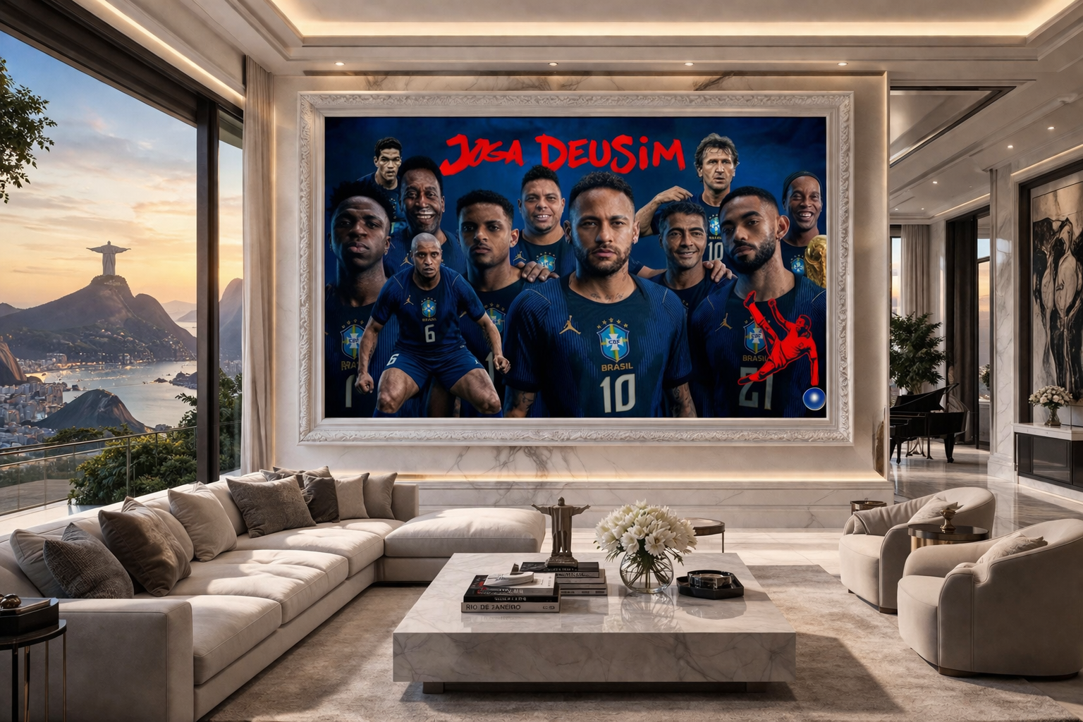 Living room with a large framed picture of a soccer team on the wall