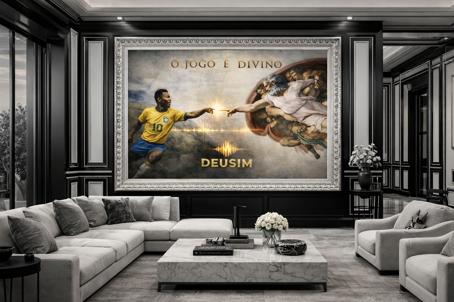 Living room with a large framed artwork featuring a soccer player and classical sculpture.