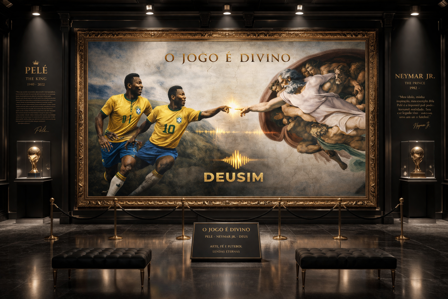 Large mural of two soccer players in yellow and blue jerseys with 'O Jogo é Divino' text, surrounded by dark walls and lighting.