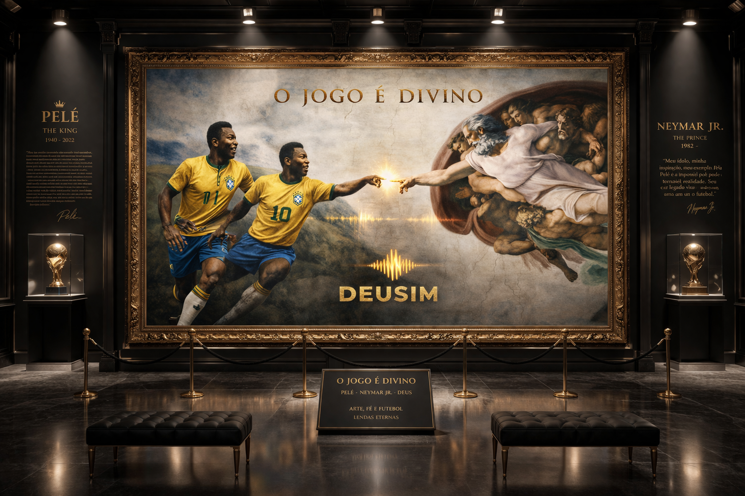 Large mural of two soccer players in yellow and blue jerseys with 'O Jogo é Divino' text, surrounded by dark walls and lighting.