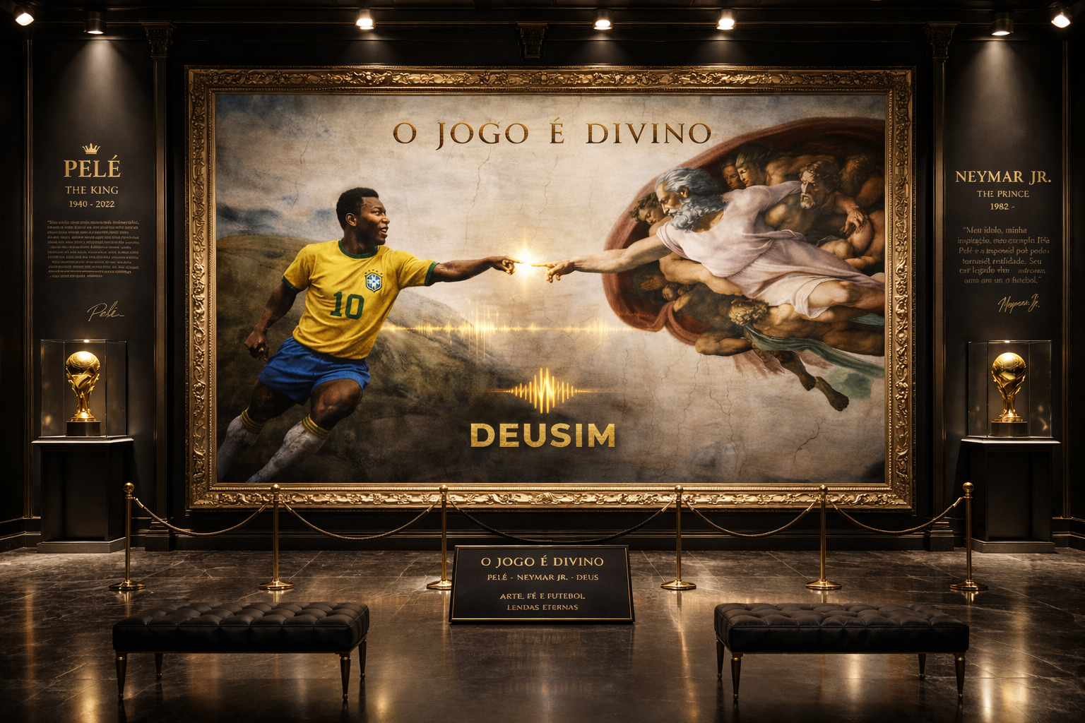 Museum exhibit with a large framed artwork featuring a soccer player and classical sculpture, with 'O Jogo é Divino' text.