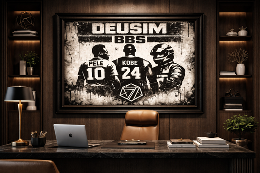 Modern office setup with a framed poster featuring sports figures and a desk with a laptop.