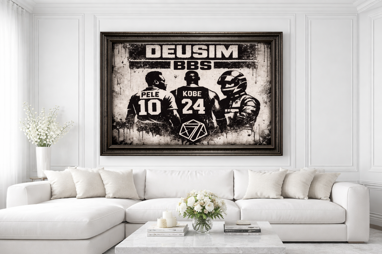 Framed artwork with three athletes on a white wall above a white sofa.