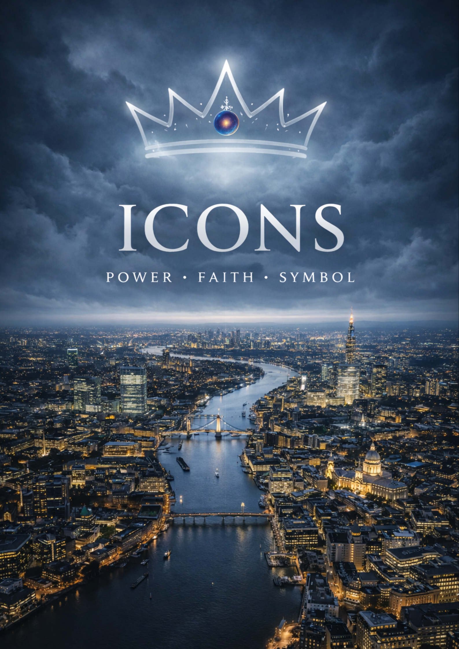 london Cityscape with 'Icons' logo and text overlay on a dark sky.