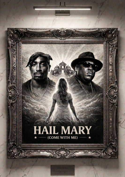 Framed poster with two individuals and a woman, titled 'Hail Mary (Come With Me)' on a marble wall.