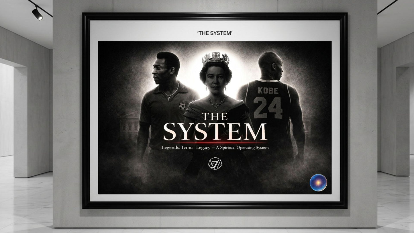 Framed ART with three LEGENDS and text 'The System' in a modern interior setting