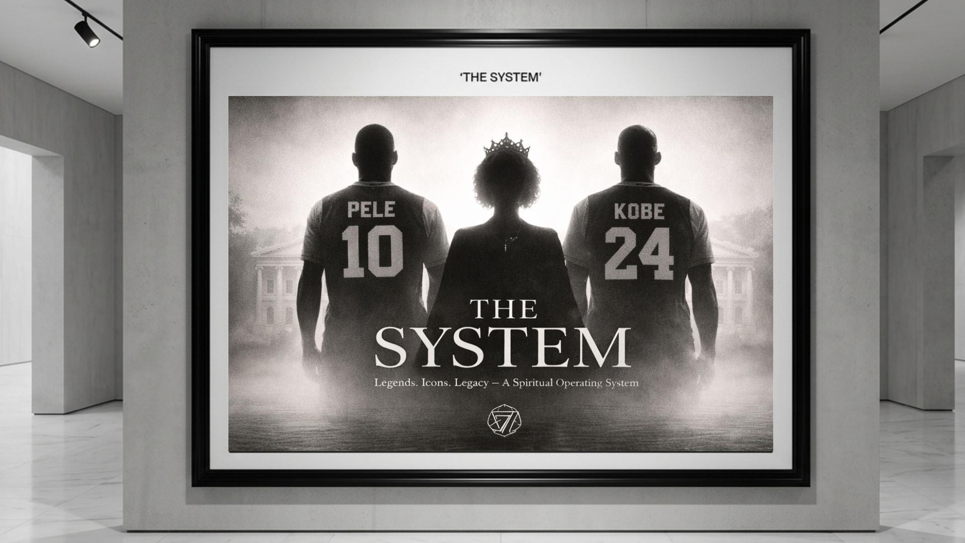 Framed ART featuring silhouettes of three figures with sports-themed numbers, displayed in a modern interior setting.