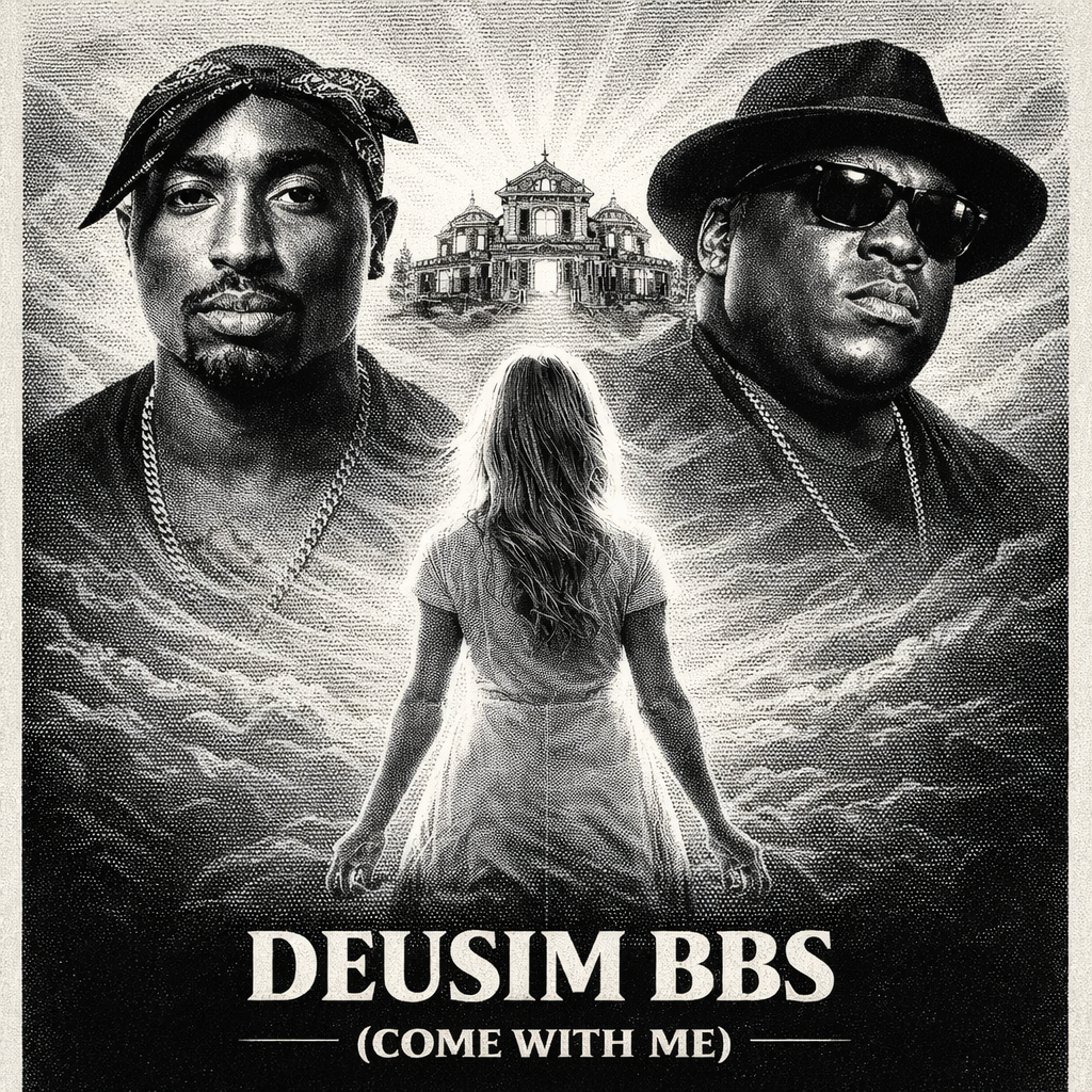 Album cover with two individuals and a woman in a white dress, featuring text 'DEUSIM BBS (COME WITH ME)'.