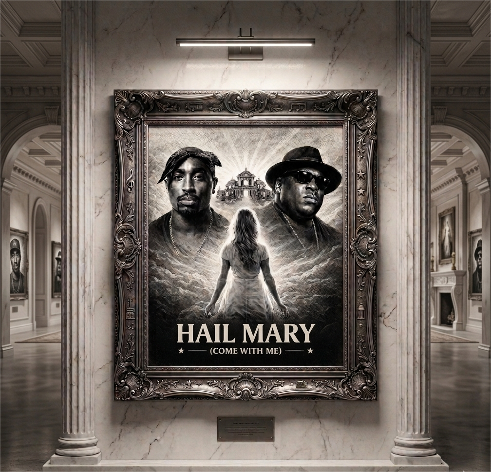 Framed movie poster for 'Hail Mary' in a gallery setting