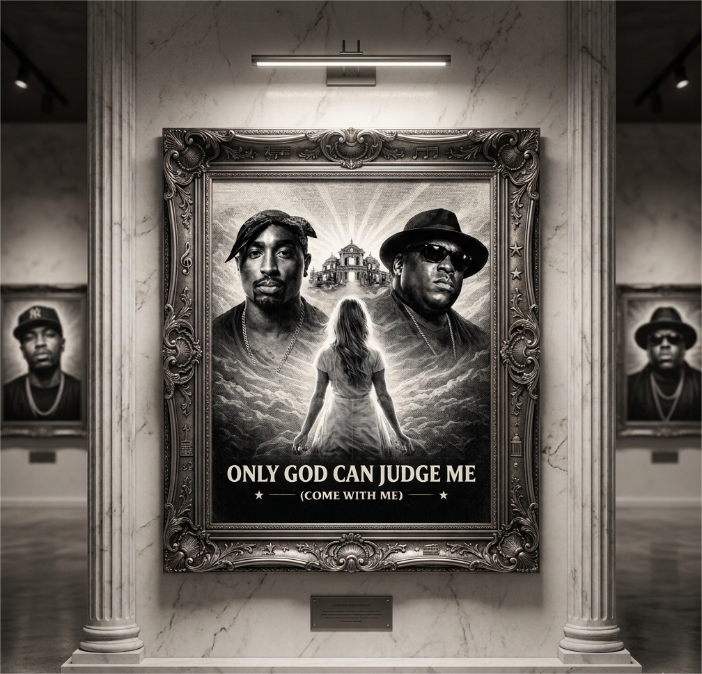 Framed artwork with two individuals and a woman, featuring text 'Only God Can Judge Me (Come With Me)' in a gallery setting.