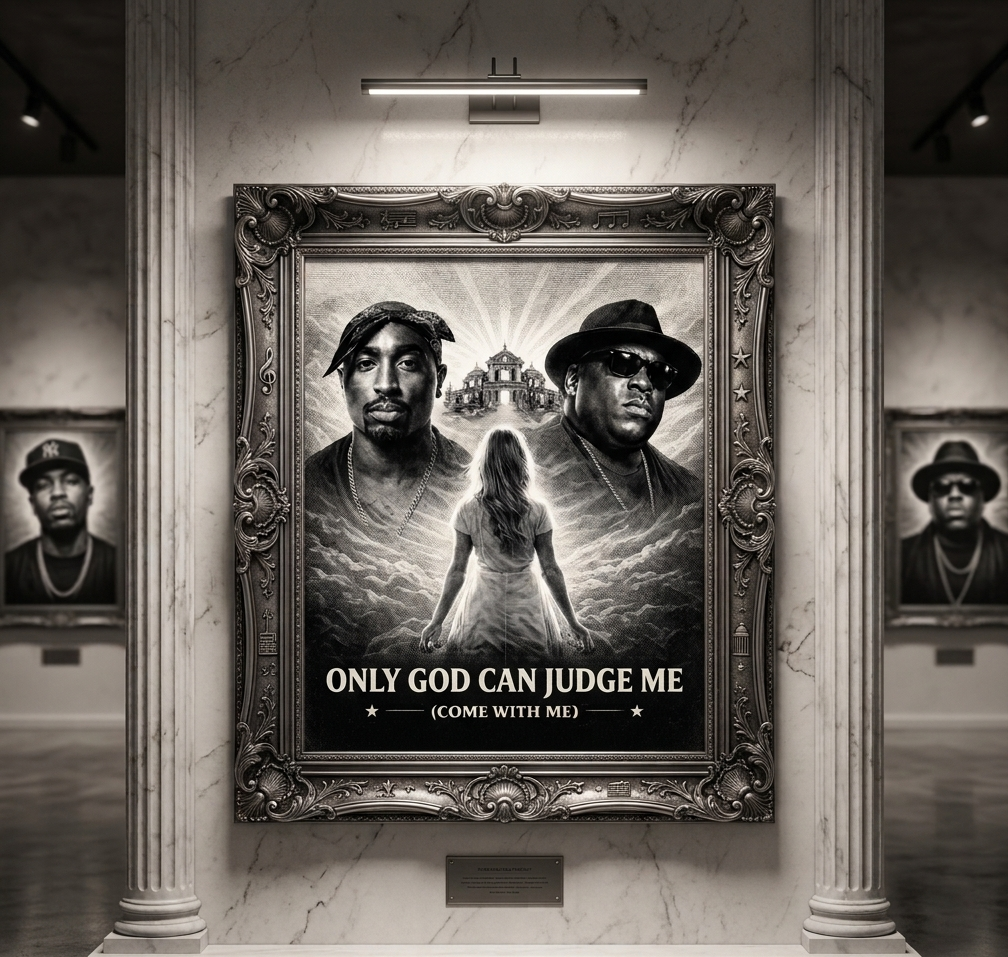 Framed artwork with two individuals and text in a gallery setting 